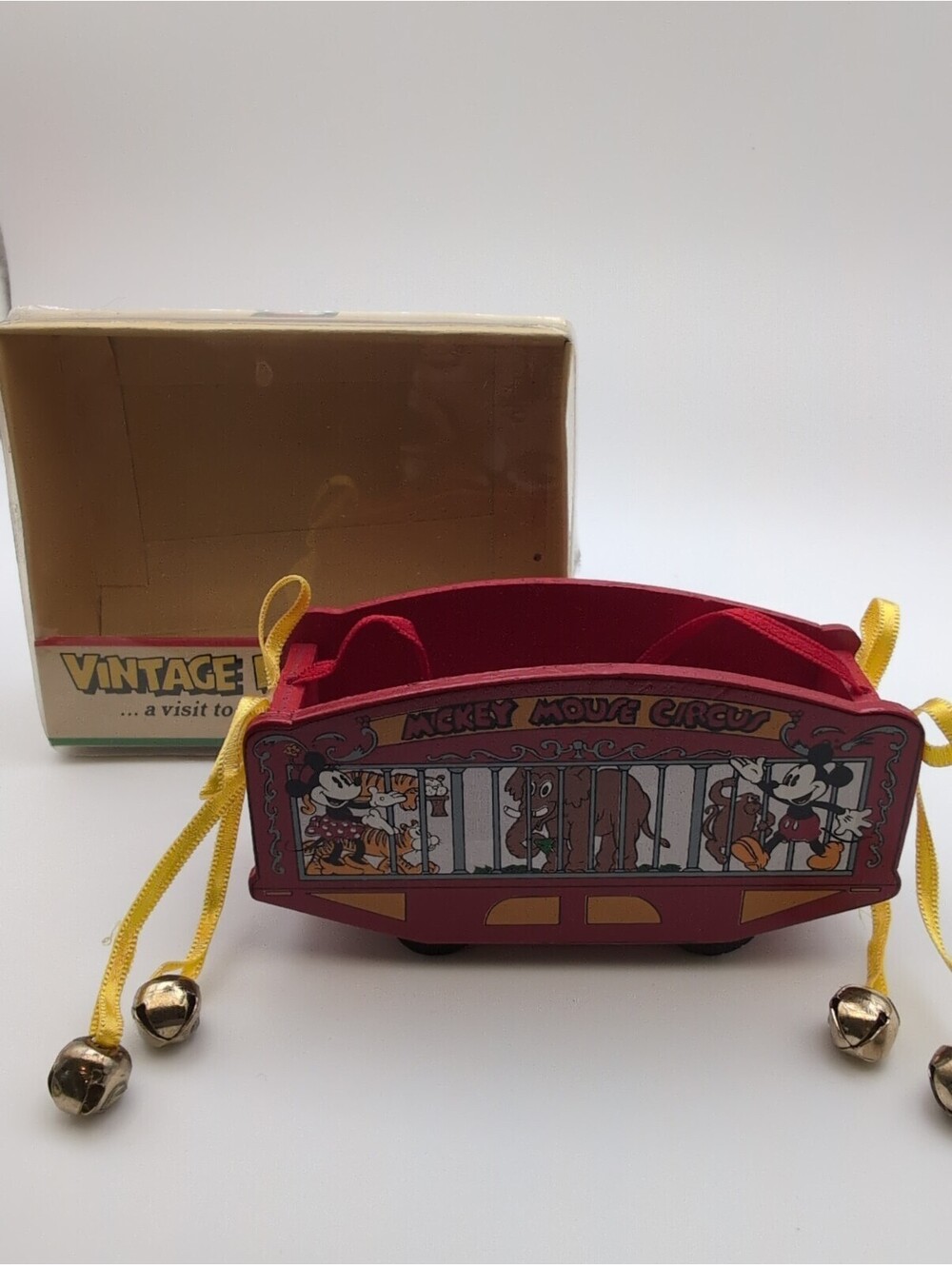Vintage Disney Mickey & Minnie Mouse Circus Wooden Carriage Ornament In Orig Box